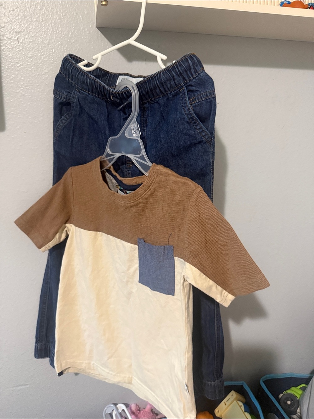 Kids Colorblock Short Sleeve Tee with Blue Pocket - Brown & Cream